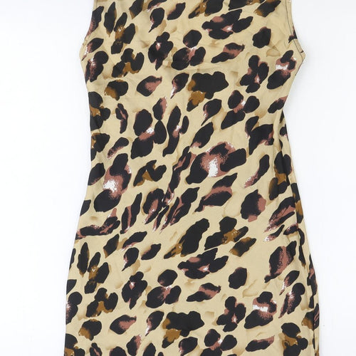 Quiz Womens Brown Animal Print Polyester Mini Size 6 Square Neck Zip - Leopard Pattern