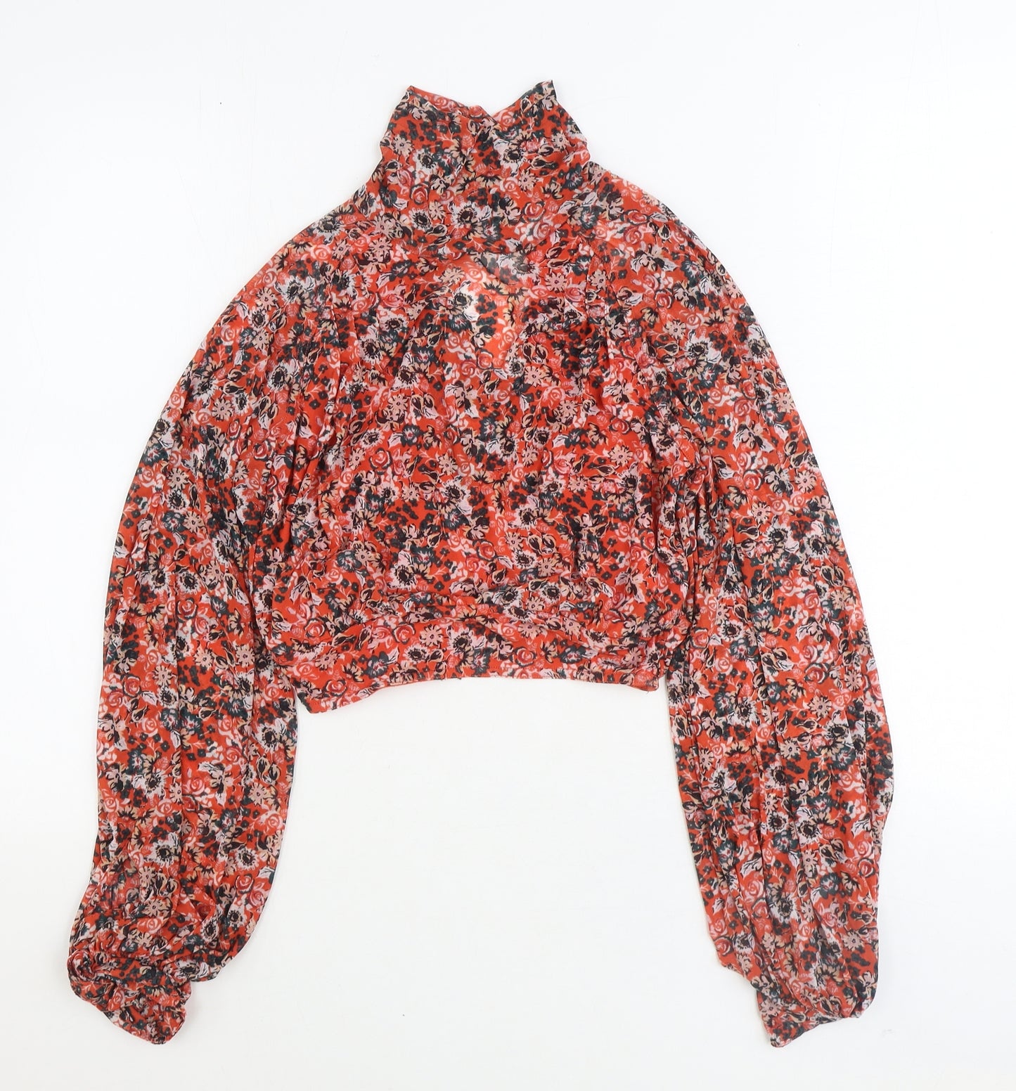 Free People Womens Orange Floral Nylon Basic Blouse Size XS High Neck
