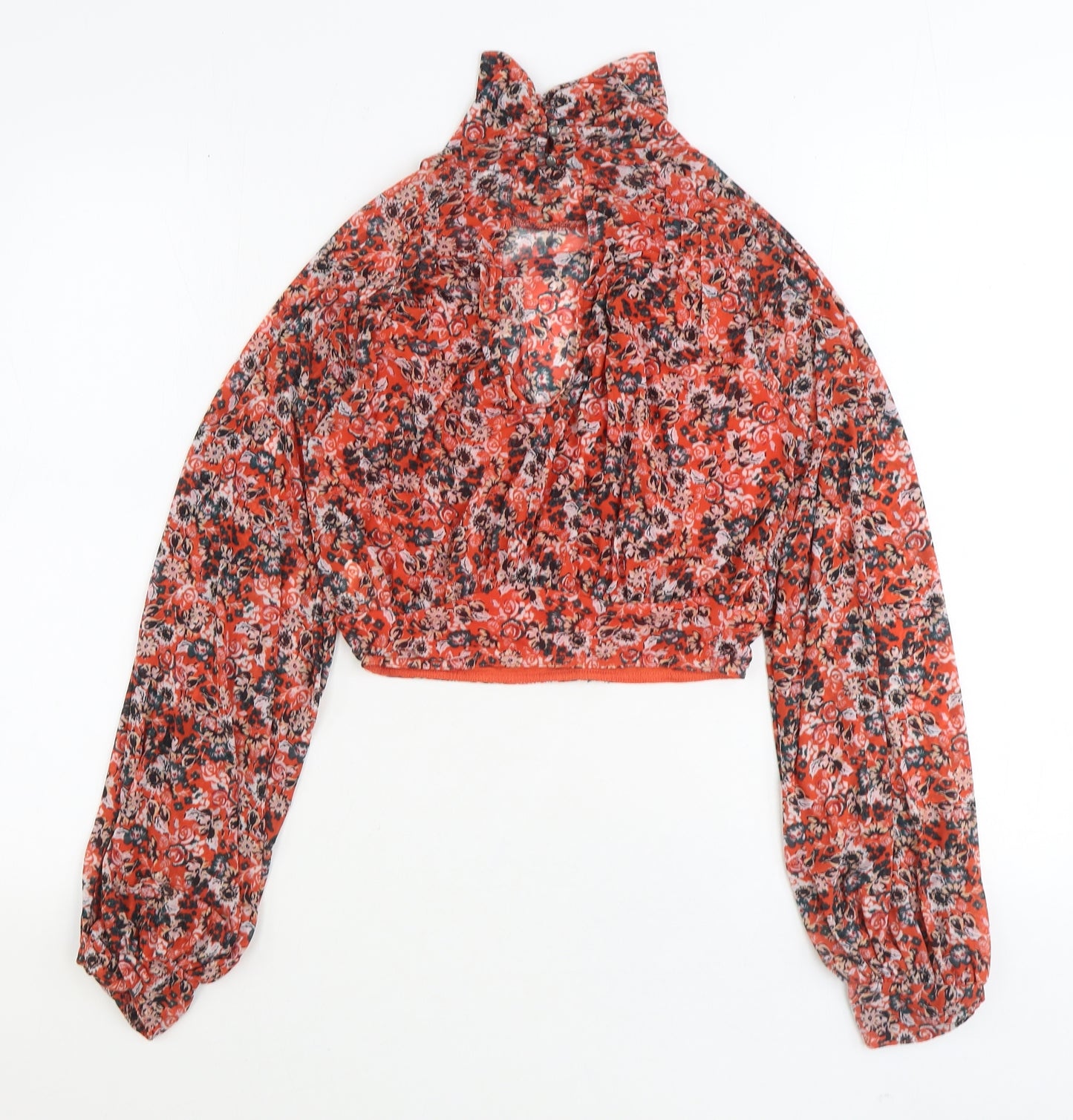Free People Womens Orange Floral Nylon Basic Blouse Size XS High Neck