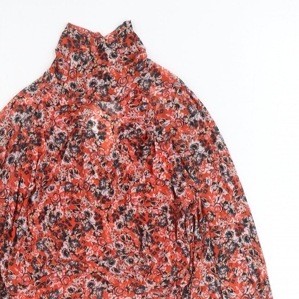 Free People Womens Orange Floral Nylon Basic Blouse Size XS High Neck