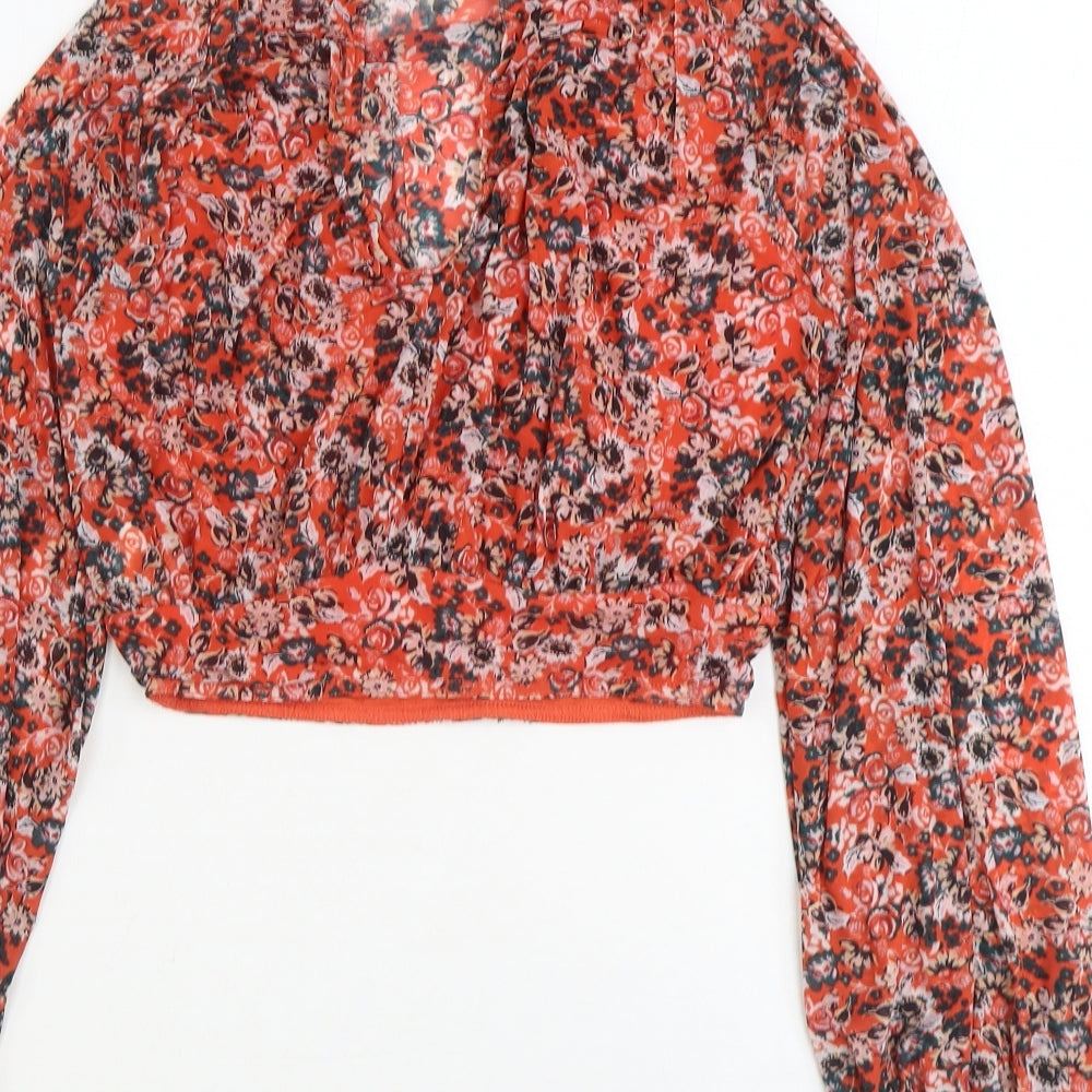 Free People Womens Orange Floral Nylon Basic Blouse Size XS High Neck