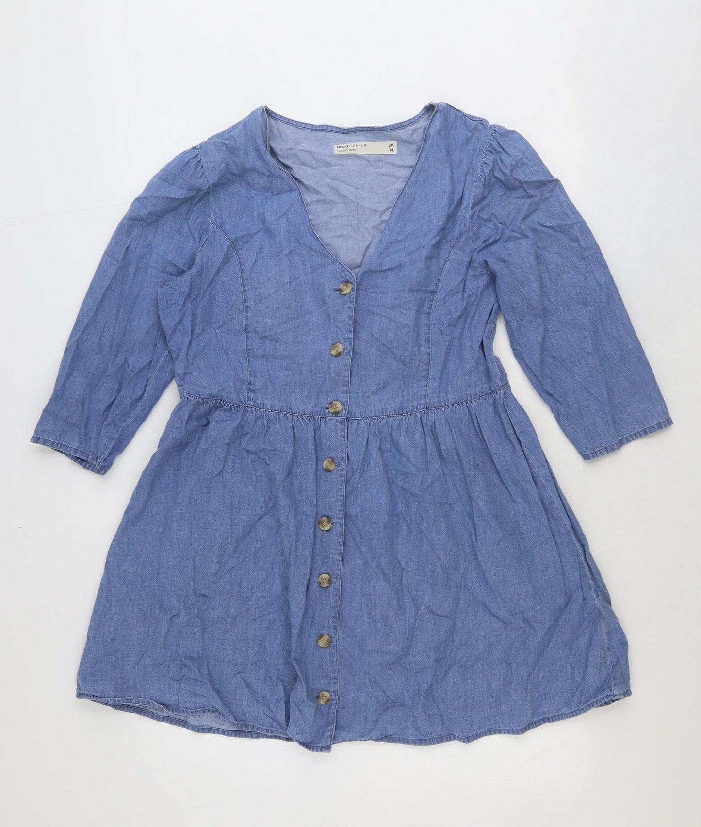 ASOS Womens Blue 100% Cotton Fit & Flare Size 14 V-Neck Button
