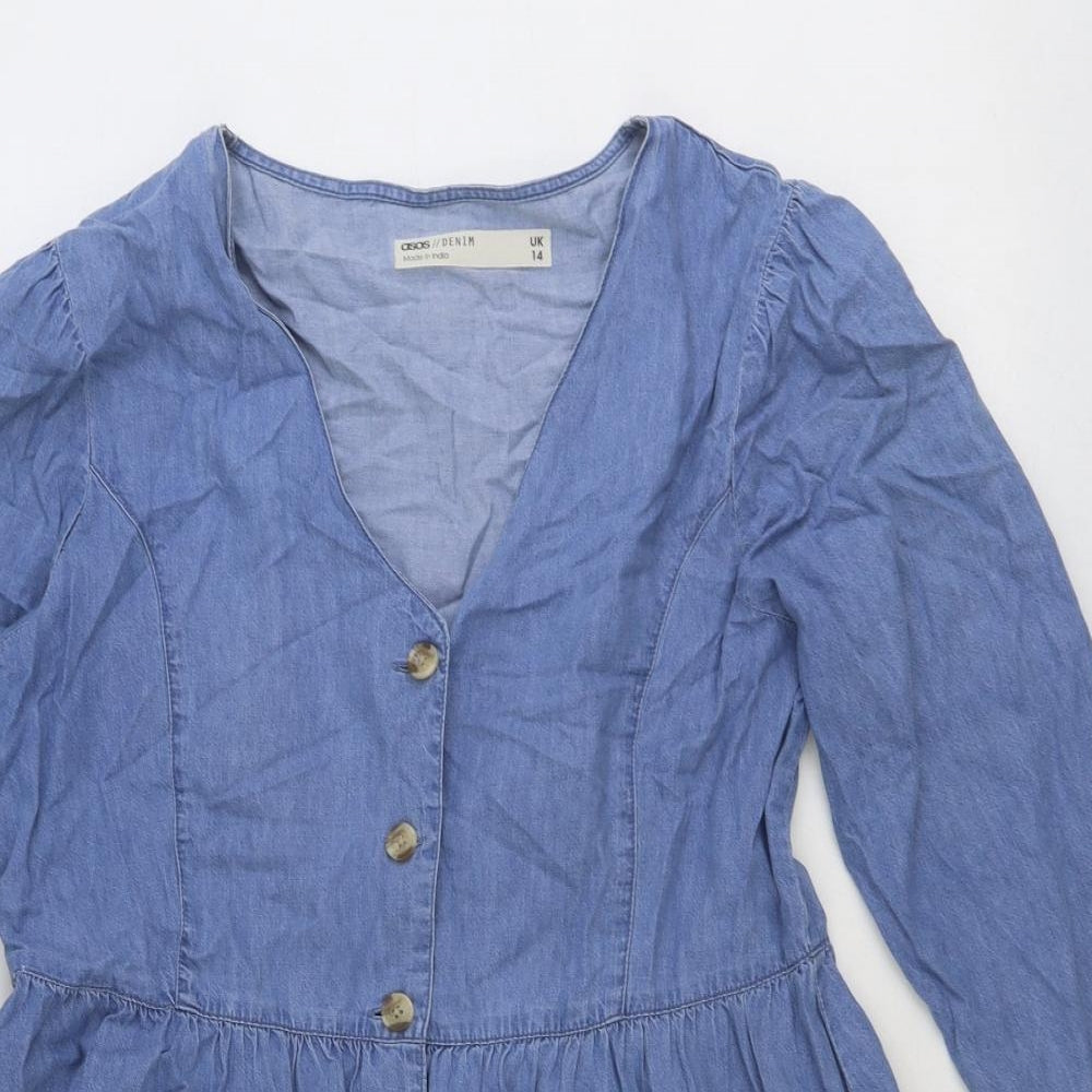 ASOS Womens Blue 100% Cotton Fit & Flare Size 14 V-Neck Button