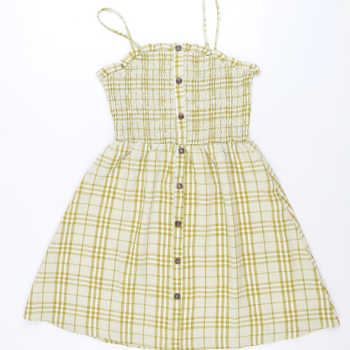 Gilli Womens Yellow Plaid Polyester Fit & Flare Size M Square Neck Pullover