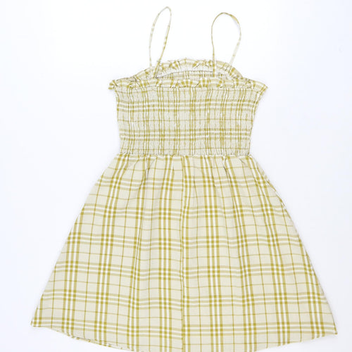 Gilli Womens Yellow Plaid Polyester Fit & Flare Size M Square Neck Pullover