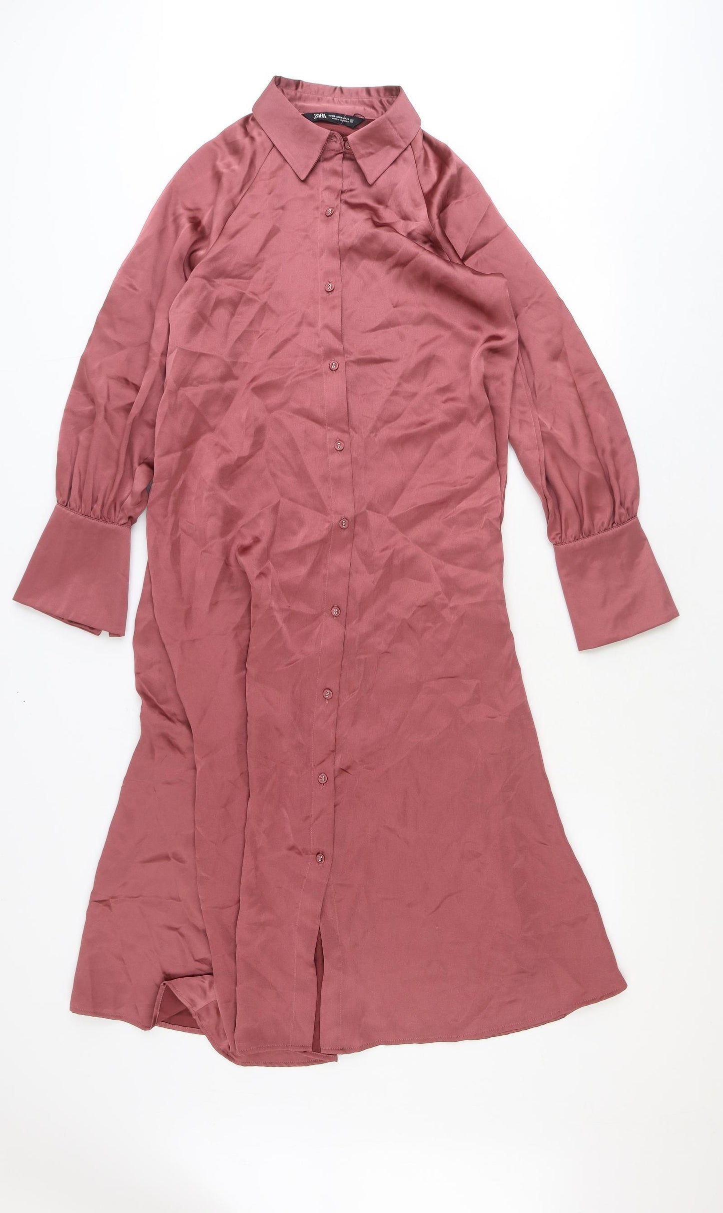 Zara Womens Pink Polyester Shirt Dress Size XS Collared Button