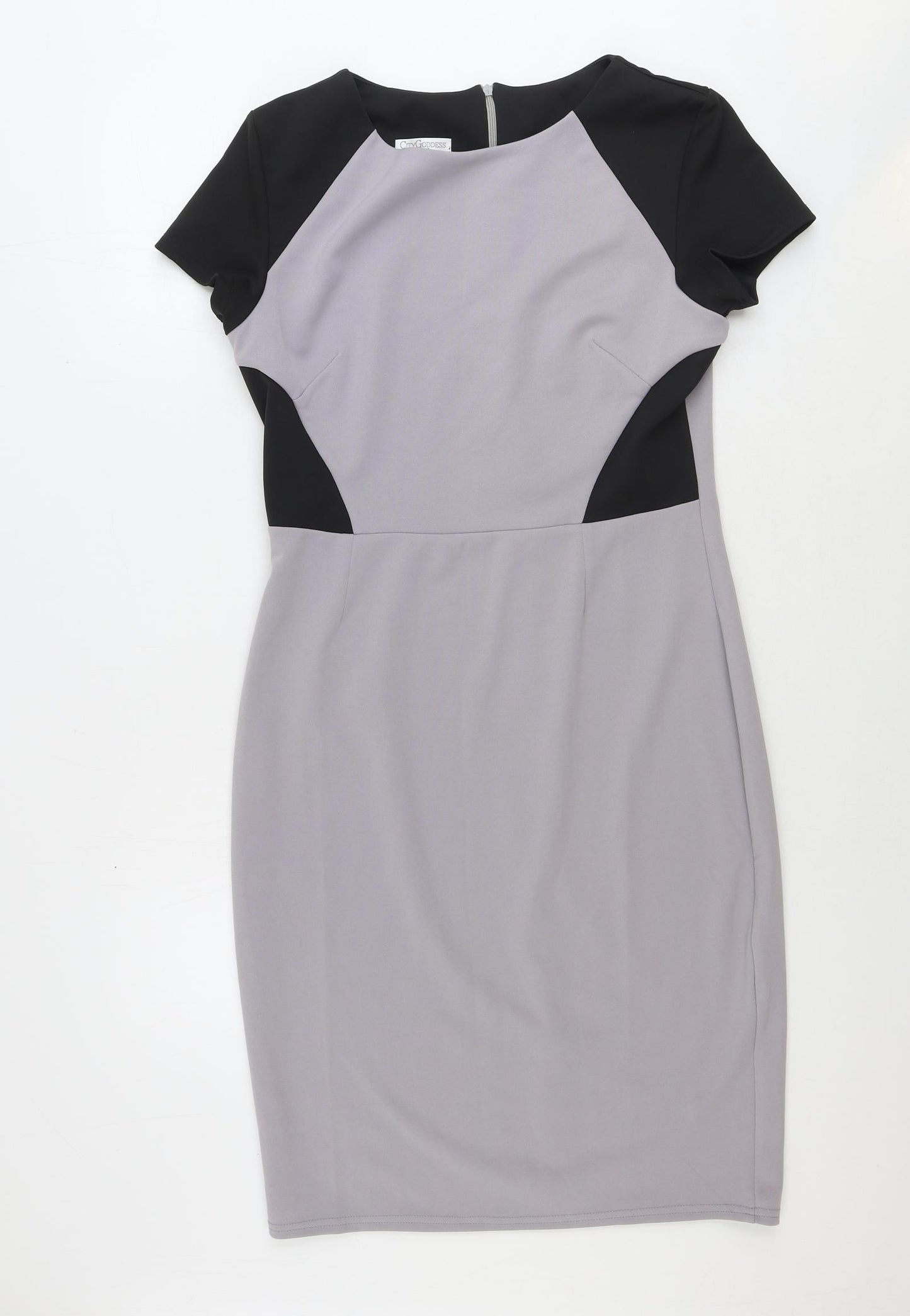 City Goddess Womens Grey Colourblock Polyester A-Line Size 16 Round Neck Zip