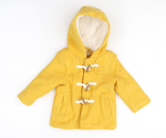 Front view of John Lewis Yellow Duffle Coat Coat, size 3-6, Months Hook & Loop