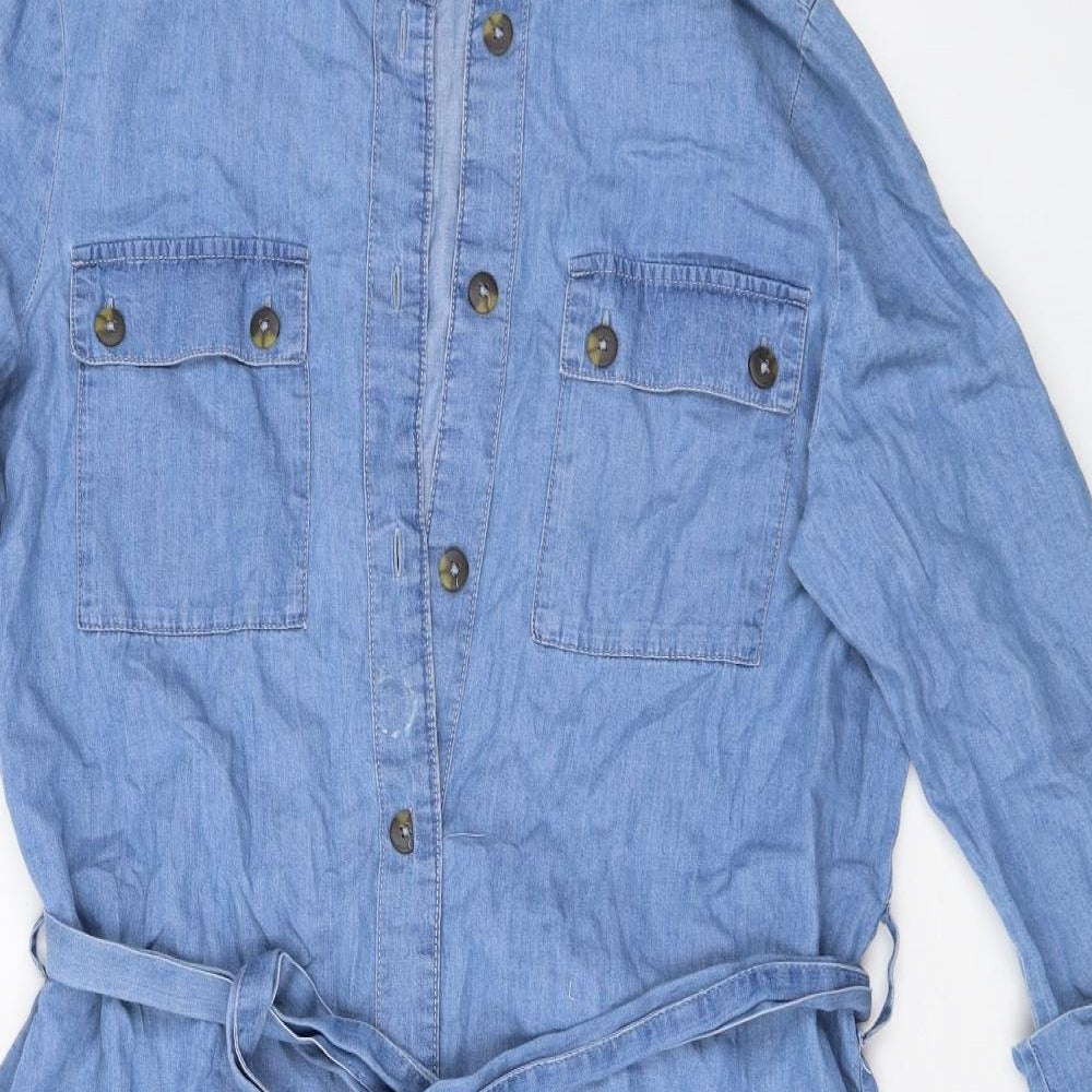 JDY Womens Blue Cotton Shirt Dress Size 10 Collared Button