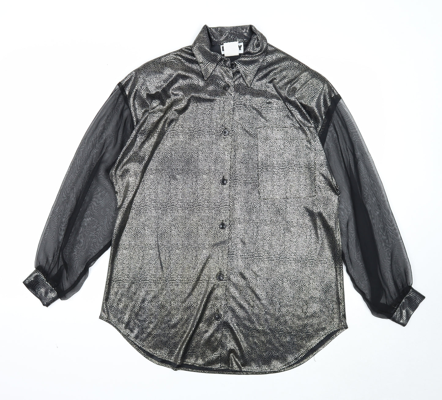 LANY Womens Black Geometric Viscose Basic Button-Up Size S V-Neck