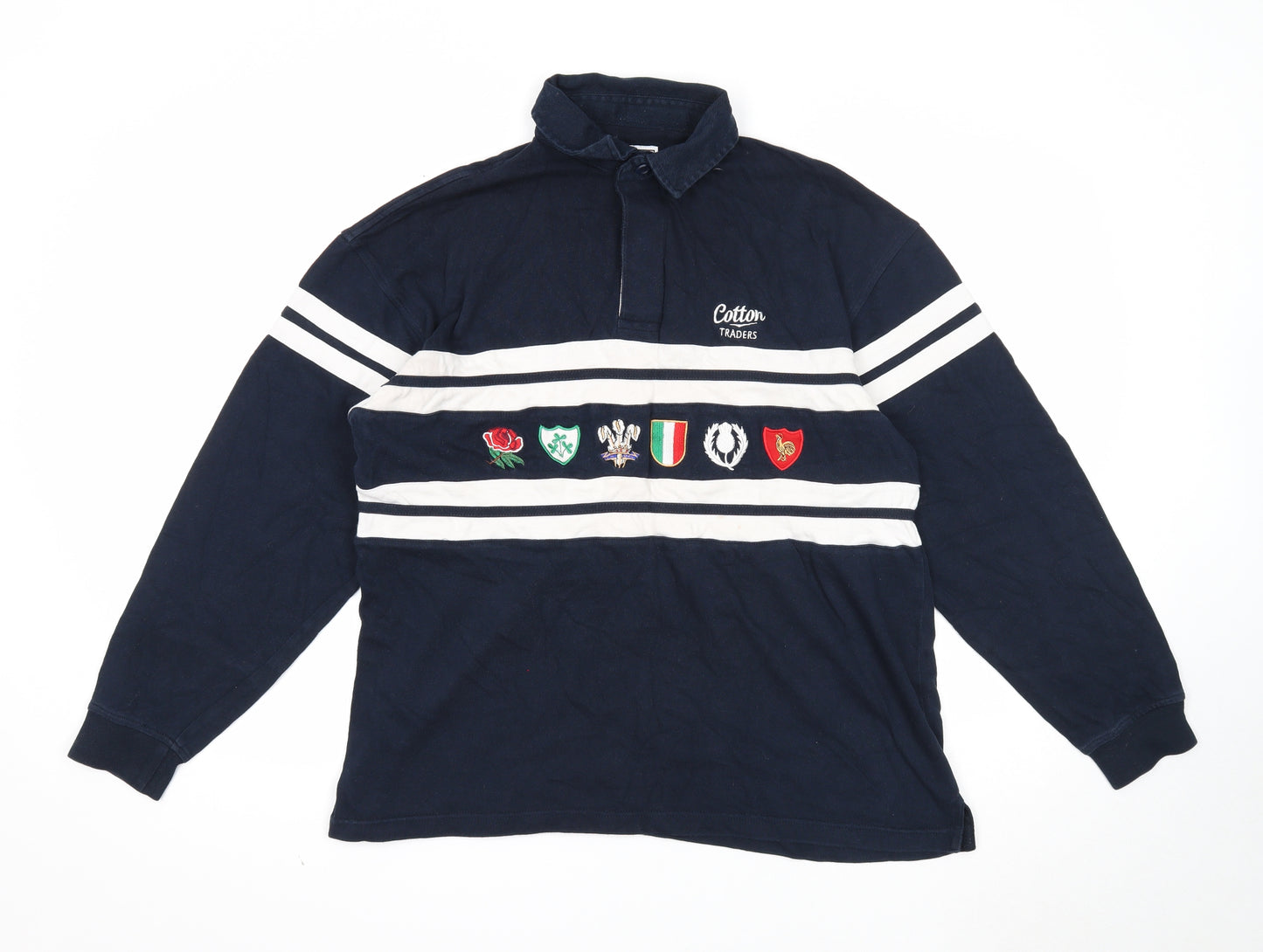Cotton Traders Mens Blue Cotton Polo Size L Collared Button - Six Nations Rugby