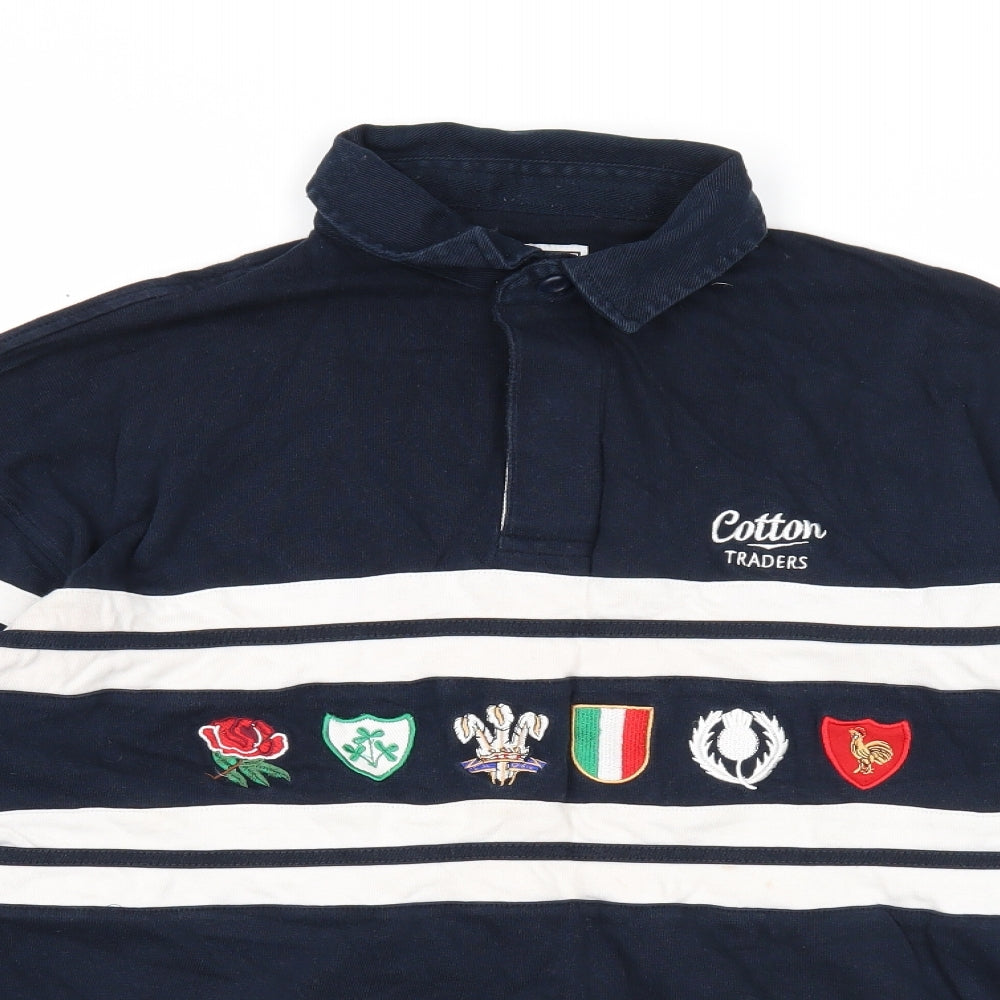 Cotton Traders Mens Blue Cotton Polo Size L Collared Button - Six Nations Rugby