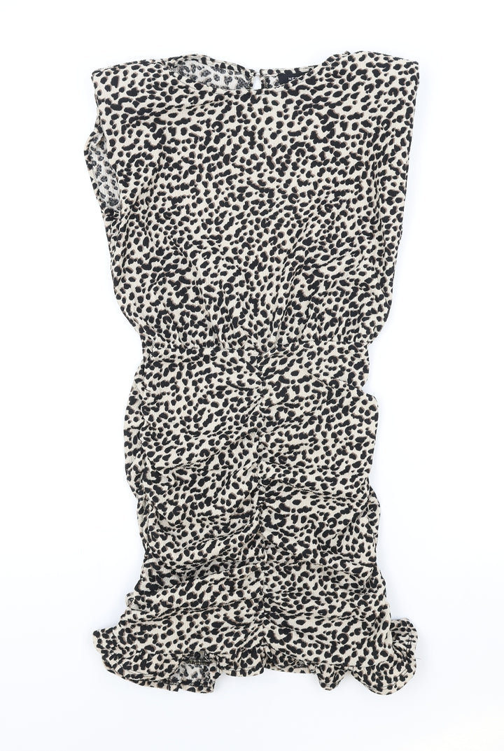 New Look Womens Brown Animal Print Viscose Pencil Dress Size 4 Round Neck Button - Leopard Pattern Shoulder Pads