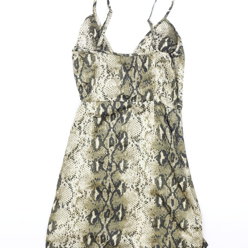 Missguided Womens Brown Animal Print Viscose Tank Dress Size 10 V-Neck Zip - Snakeskin Pattern