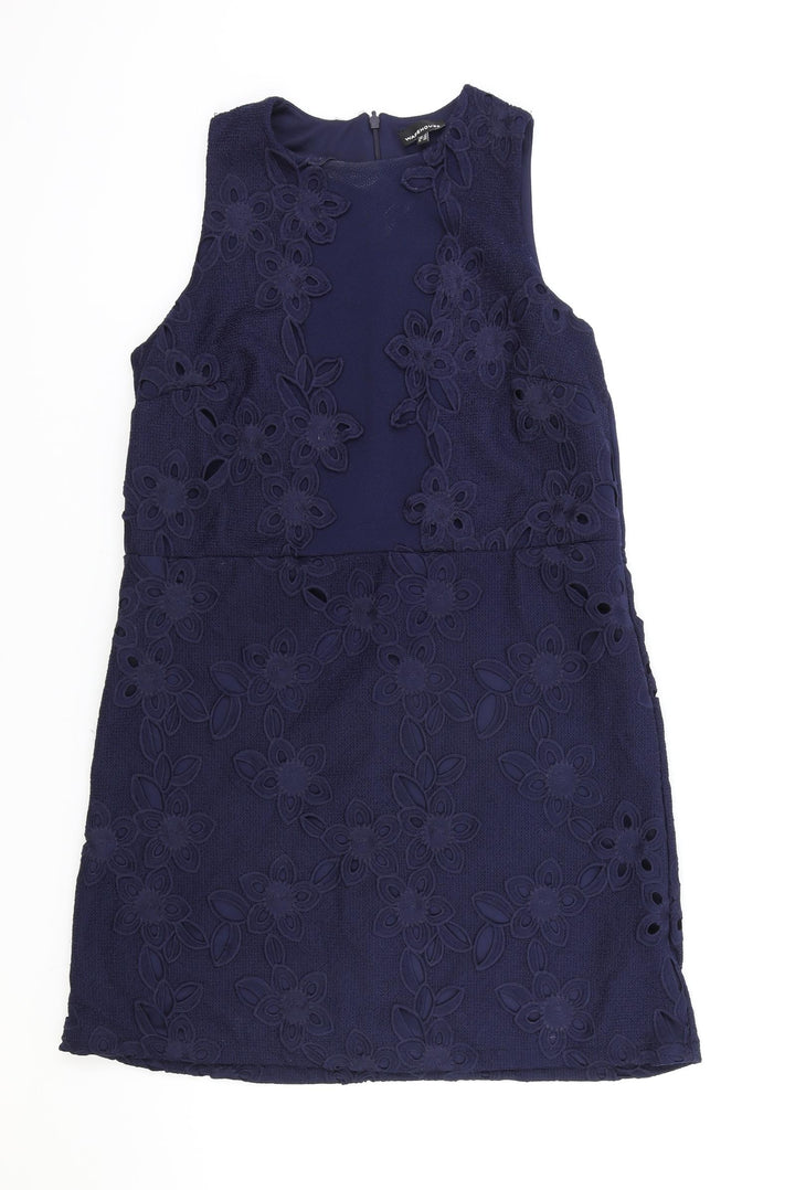 Warehouse Womens Blue Geometric Polyester A-Line Size 12 Round Neck Zip