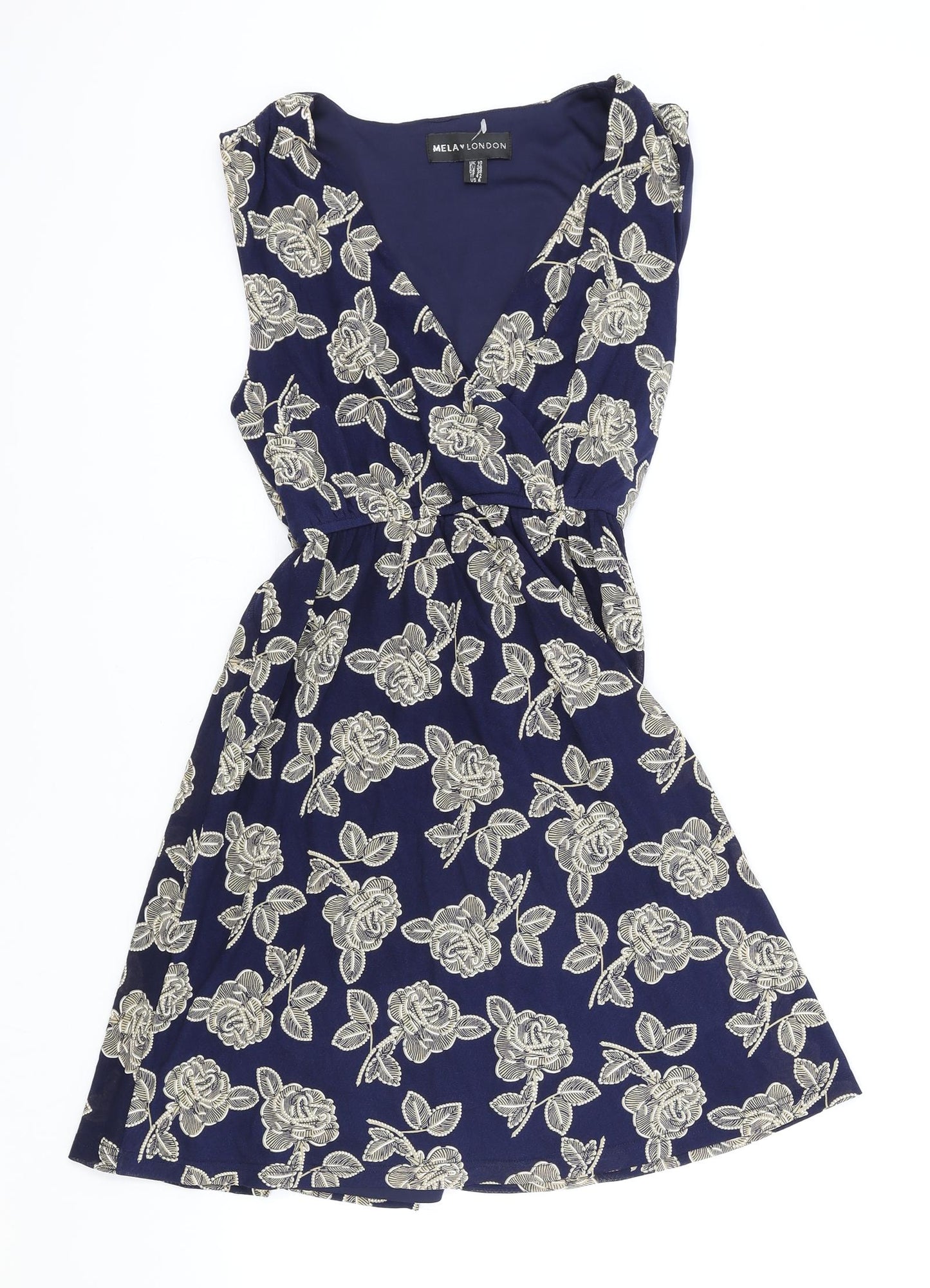 Mella London Womens Blue Floral Polyester Fit & Flare Size 10 V-Neck Pullover