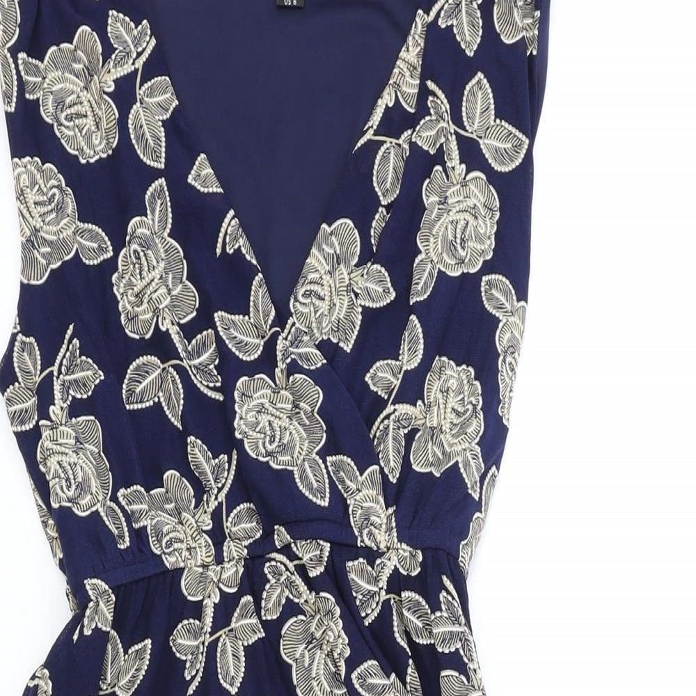 Mella London Womens Blue Floral Polyester Fit & Flare Size 10 V-Neck Pullover