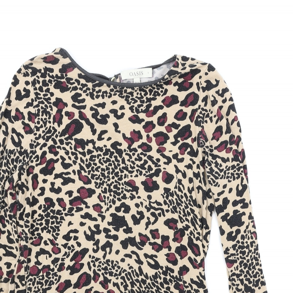 Oasis Womens Brown Animal Print Polyester Basic T-Shirt Size S Round Neck - Leopard print