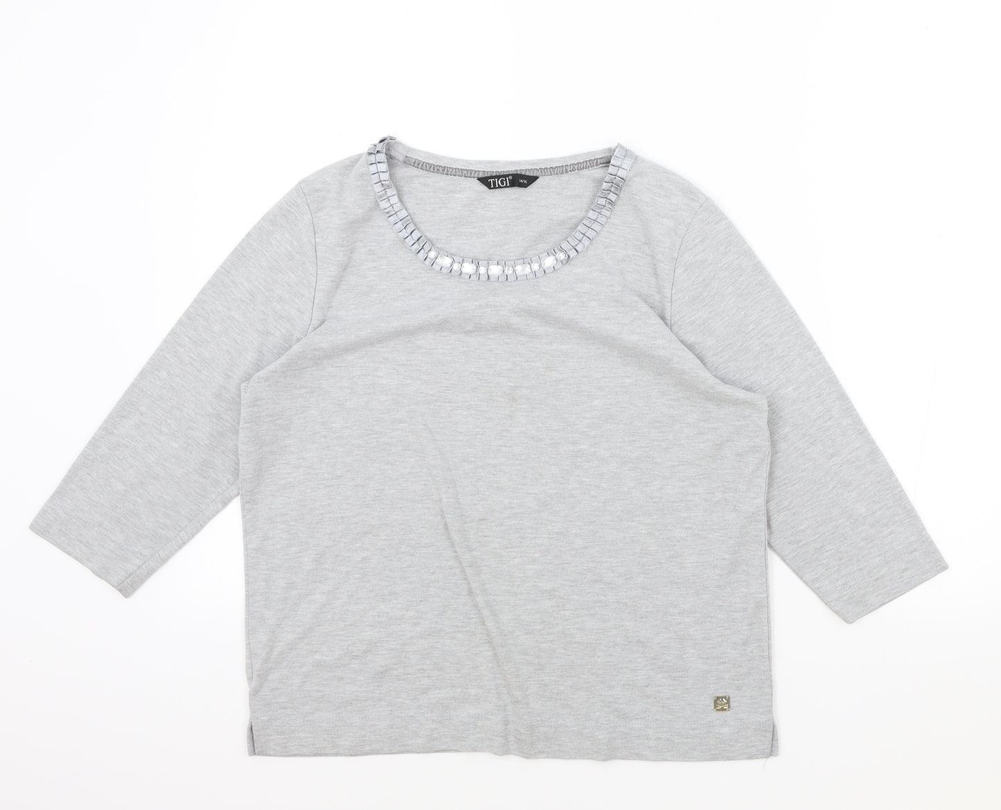 TIGI Womens Grey Cotton Basic T-Shirt Size 16 Round Neck