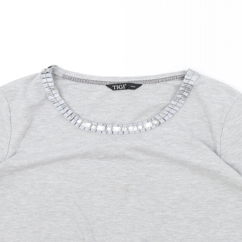 TIGI Womens Grey Cotton Basic T-Shirt Size 16 Round Neck