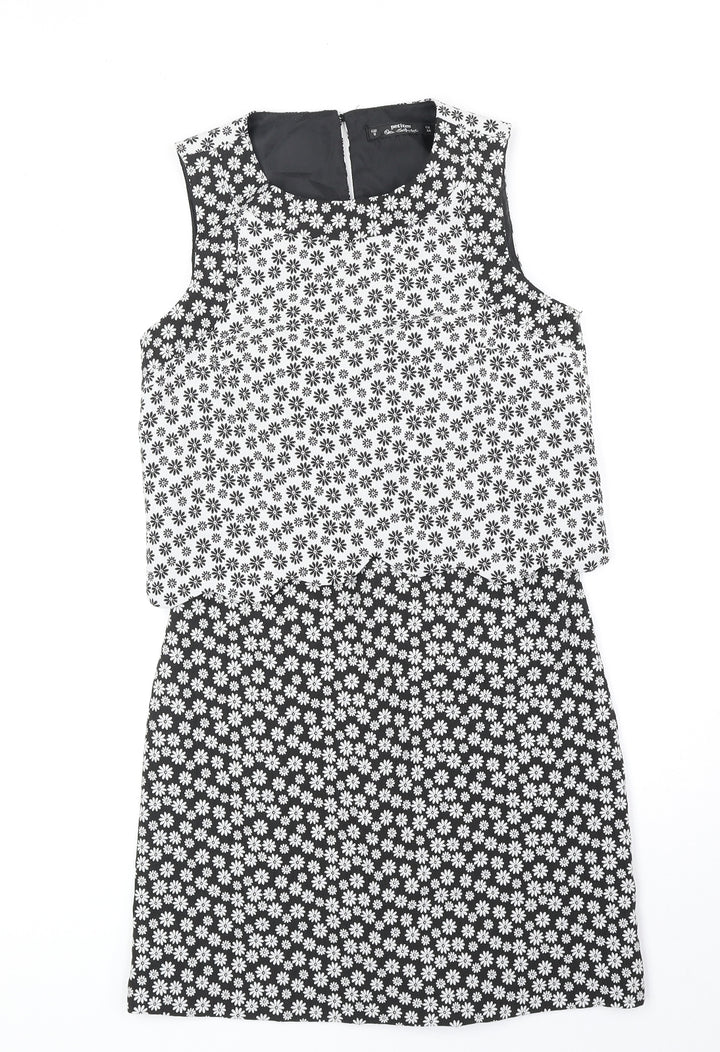 Miss Selfridge Womens Black Floral Polyester A-Line Size 8 Round Neck Zip