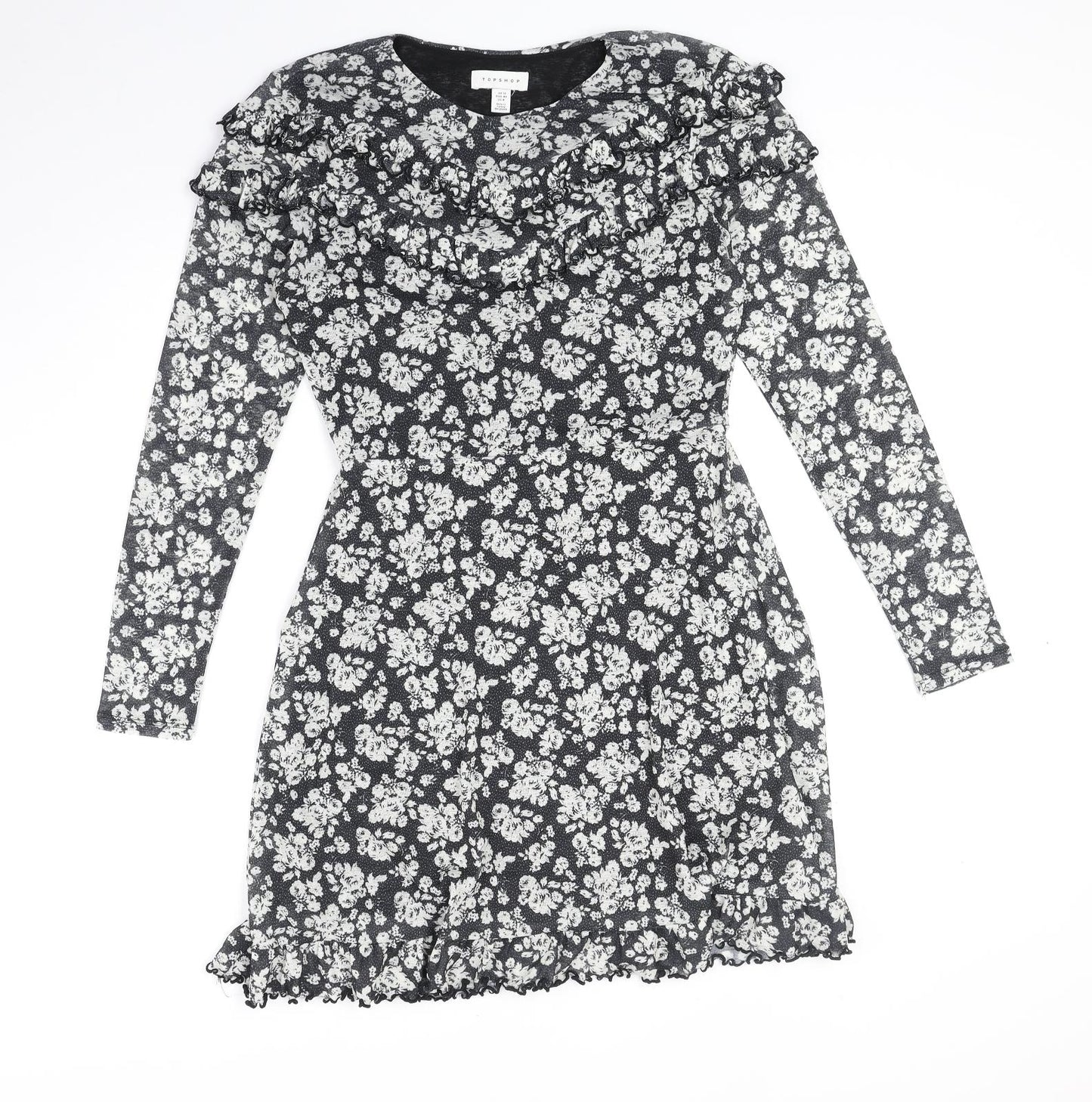 Topshop Womens Black Floral Polyester Fit & Flare Size 12 Round Neck Pullover