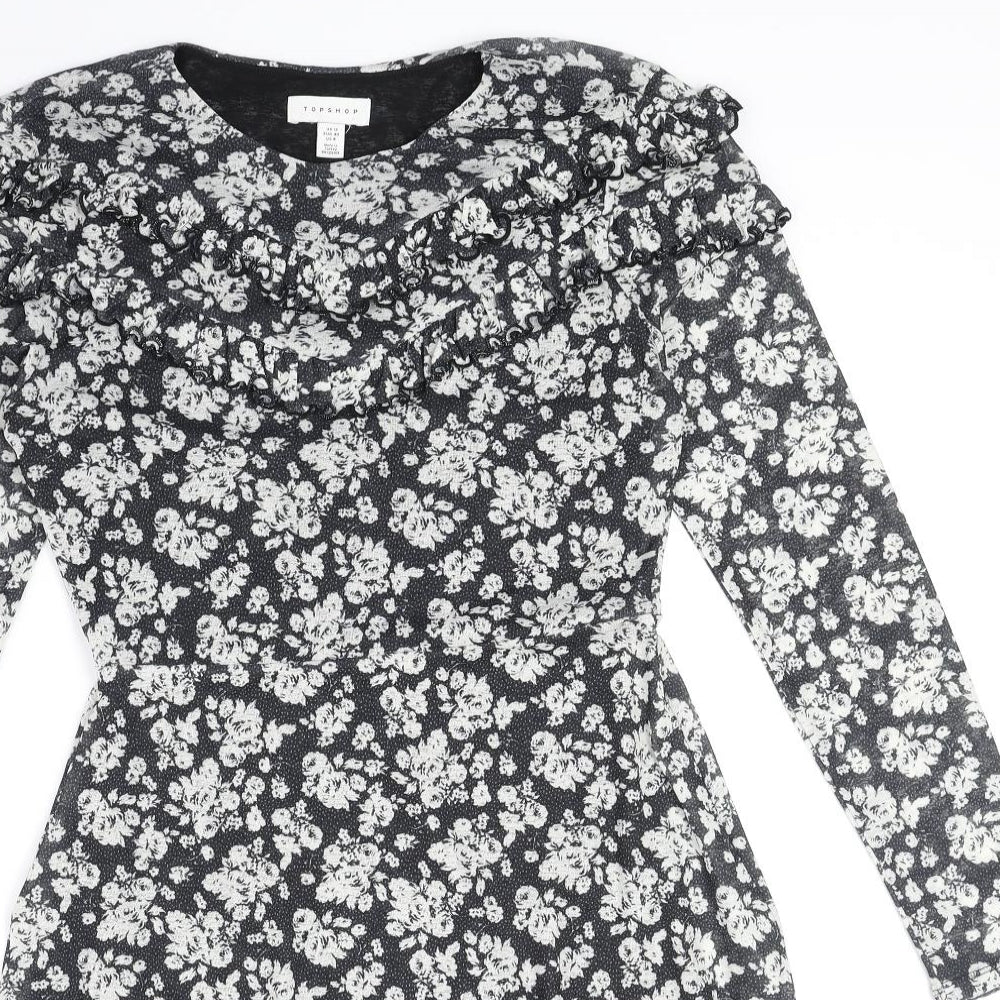 Topshop Womens Black Floral Polyester Fit & Flare Size 12 Round Neck Pullover
