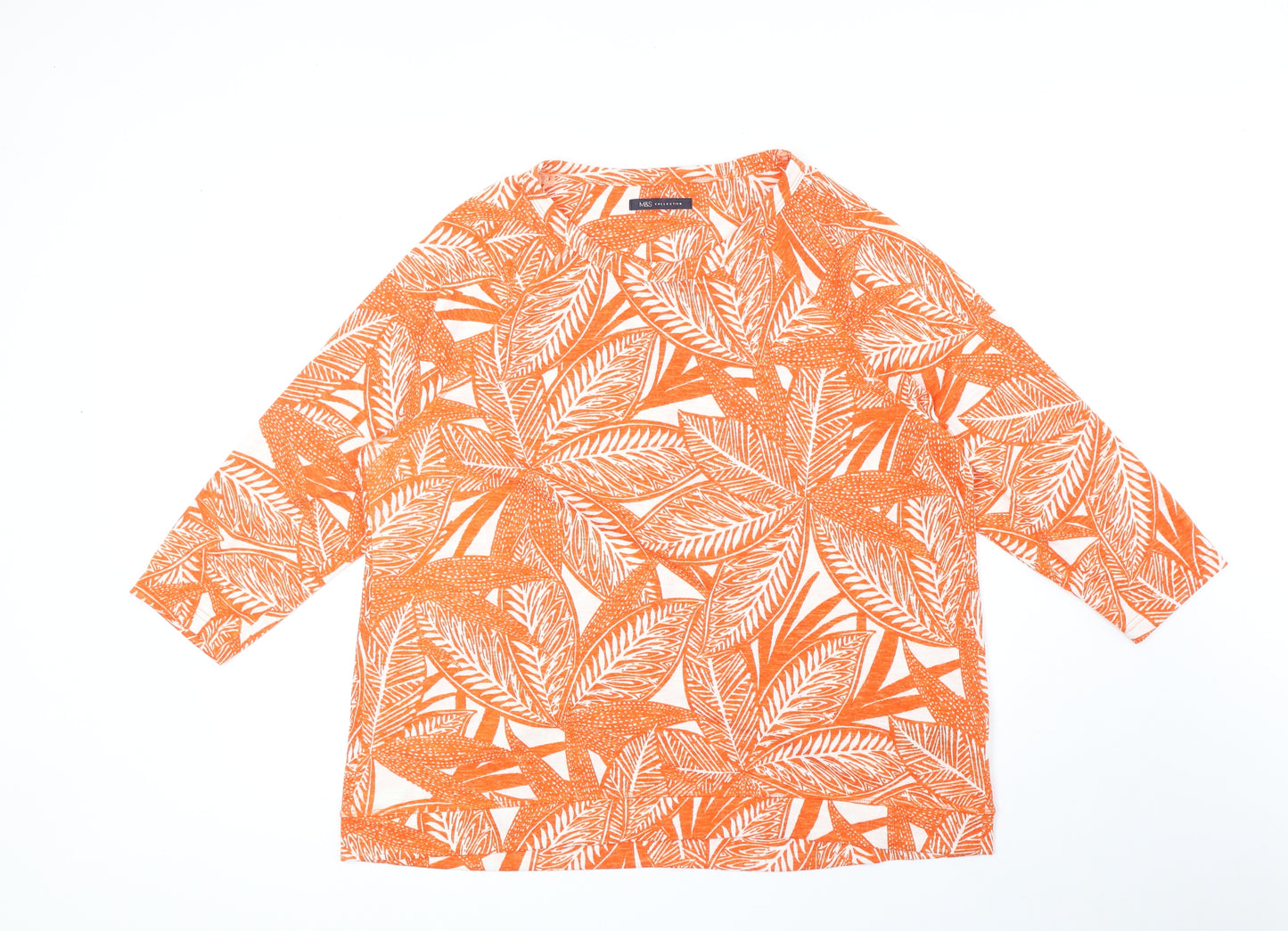 Marks and Spencer Womens Orange Geometric Polyester Basic T-Shirt Size 18 Round Neck - Leaf Print