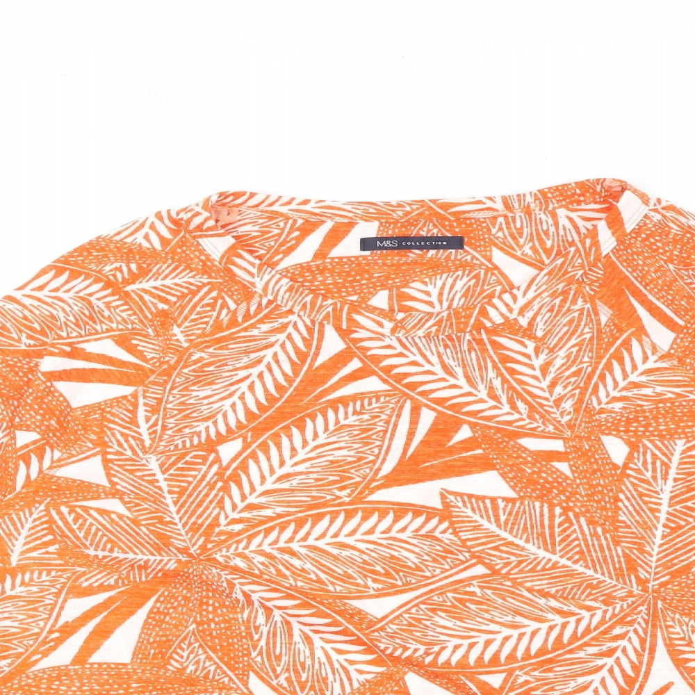 Marks and Spencer Womens Orange Geometric Polyester Basic T-Shirt Size 18 Round Neck - Leaf Print