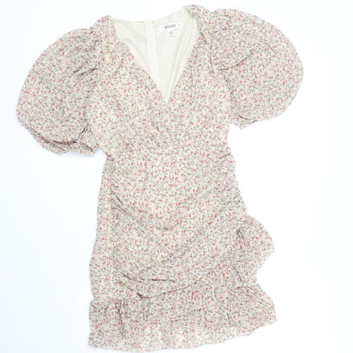 Missguided Womens Beige Floral Polyester Mini Size 8 V-Neck Zip
