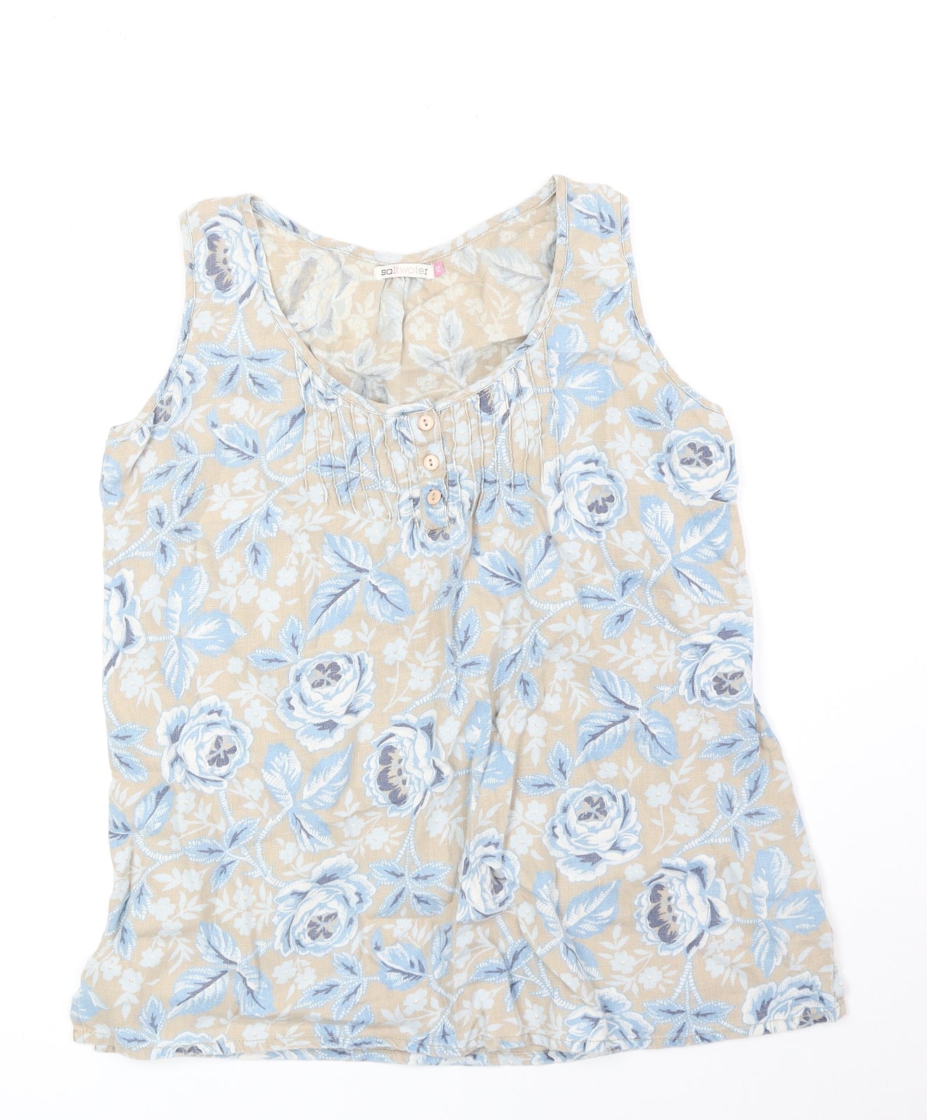 Salt Water Womens Blue Floral Linen Basic Tank Size 12 Scoop Neck