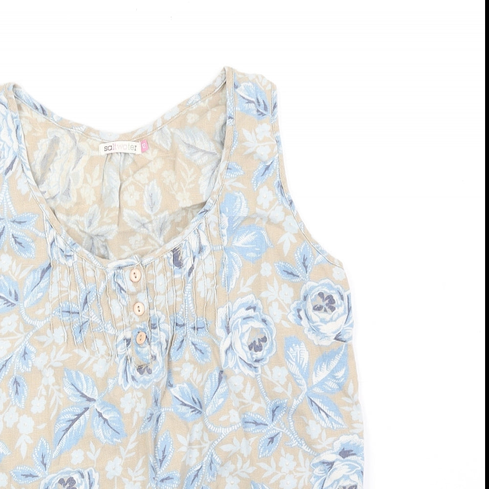 Salt Water Womens Blue Floral Linen Basic Tank Size 12 Scoop Neck