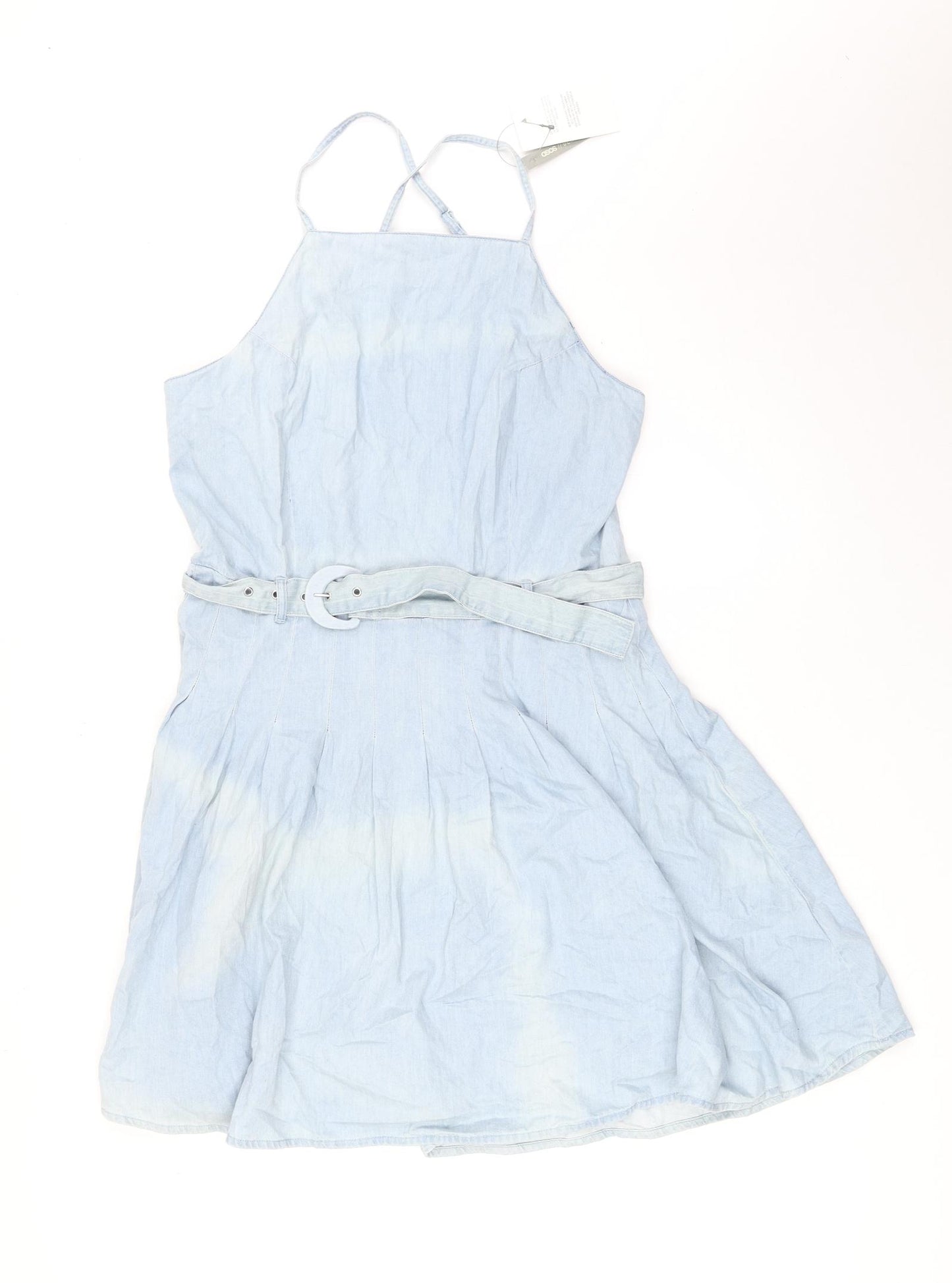 ASOS Womens Blue 100% Cotton Tank Dress Size 12 Square Neck Zip