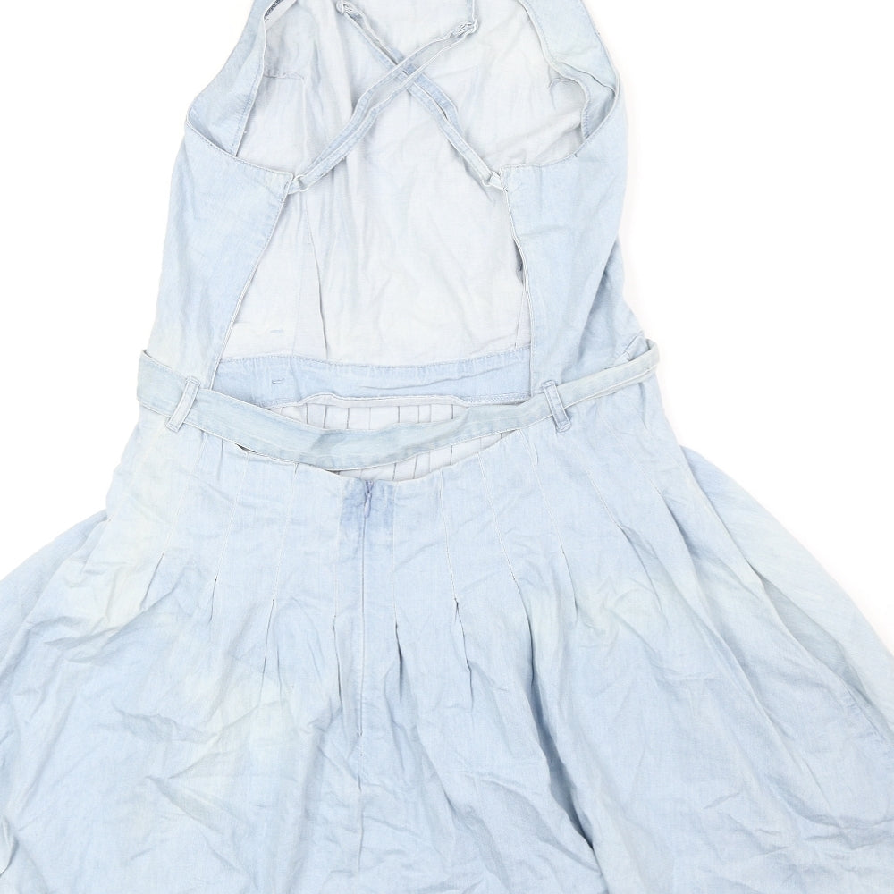 ASOS Womens Blue 100% Cotton Tank Dress Size 12 Square Neck Zip