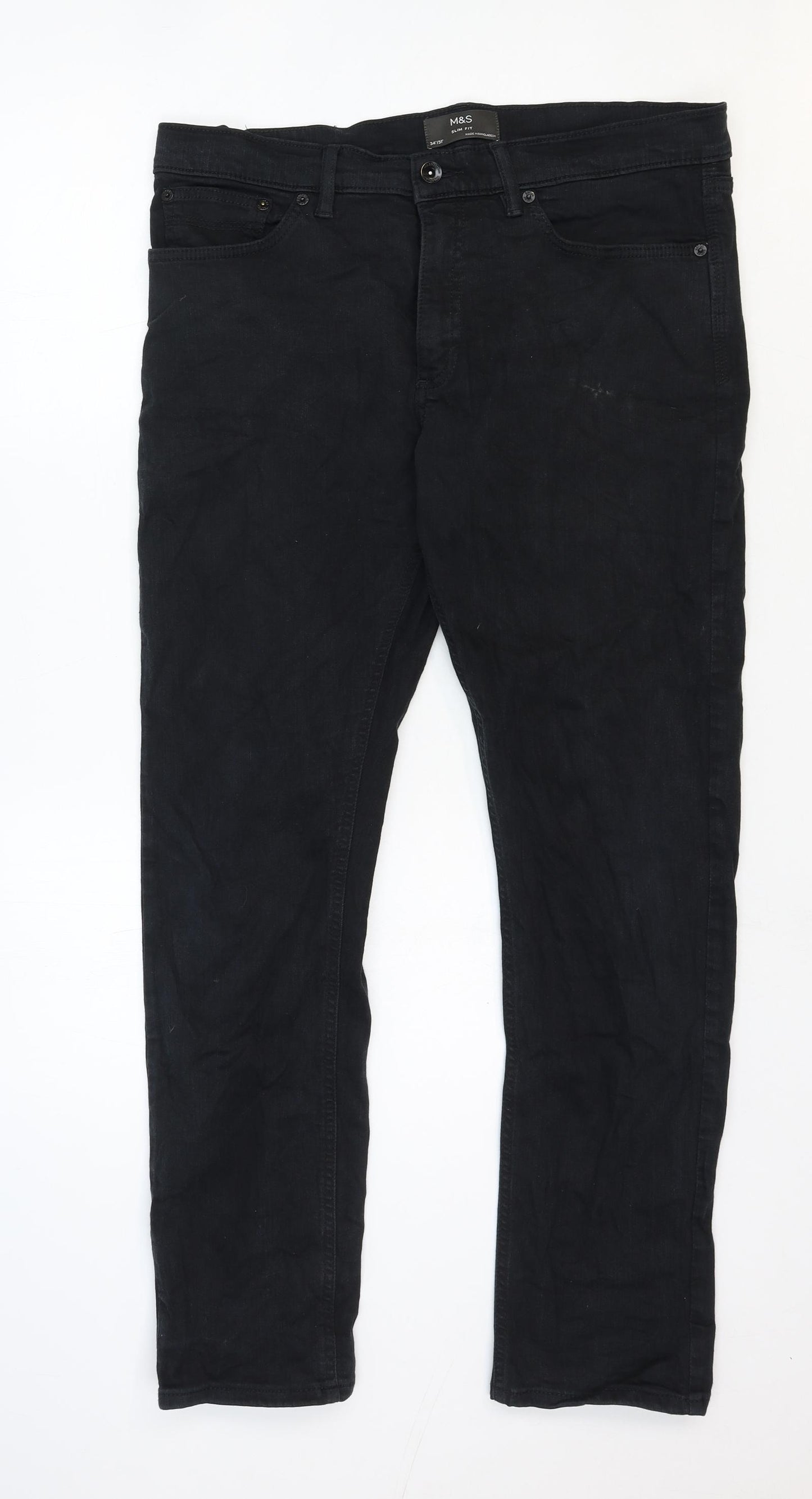 Marks and Spencer Mens Black Cotton Straight Jeans Size 34 in Slim Zip