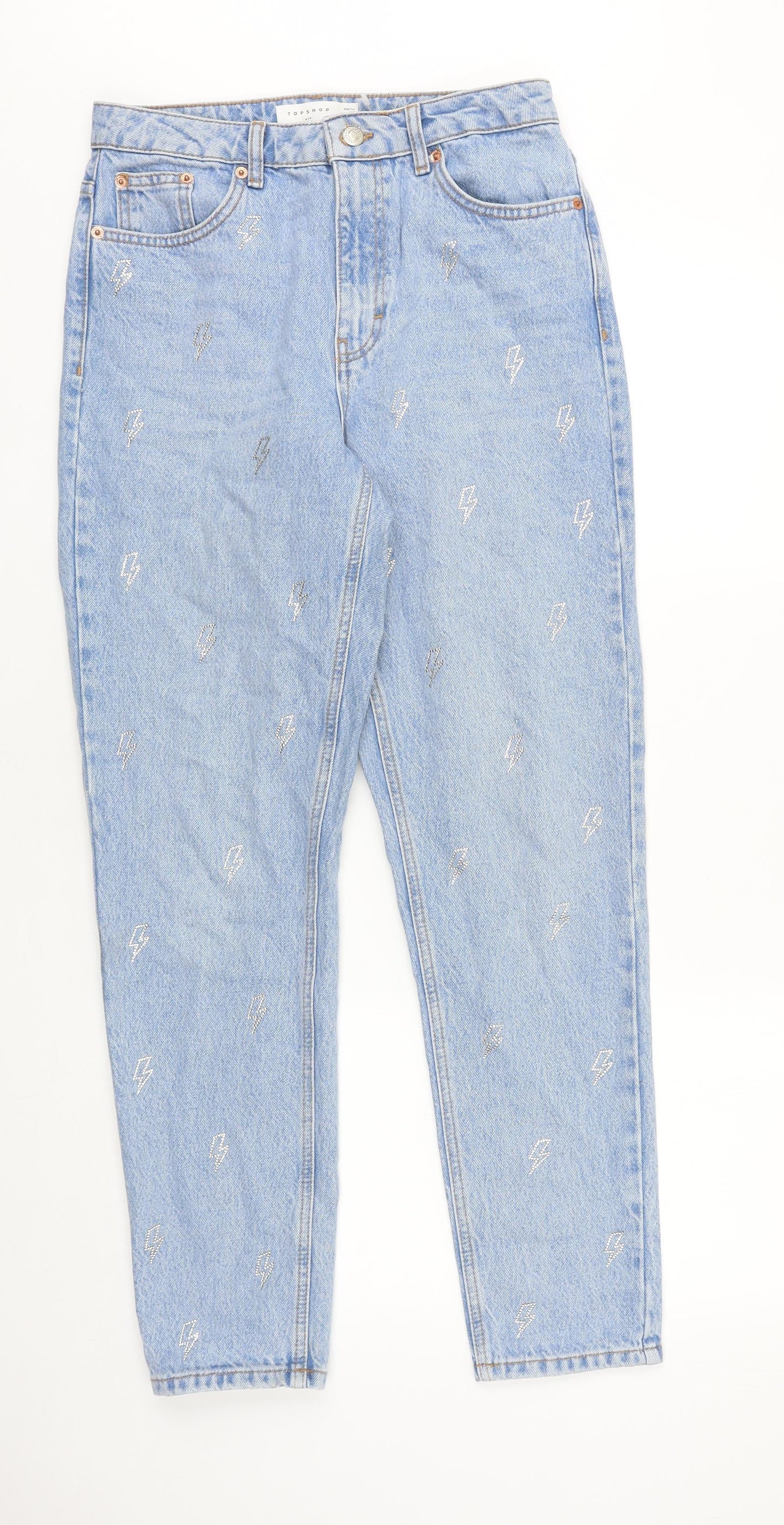 Topshop Womens Blue Geometric Cotton Skinny Jeans Size 28 in L32 in Regular Zip - Lightening Bolt