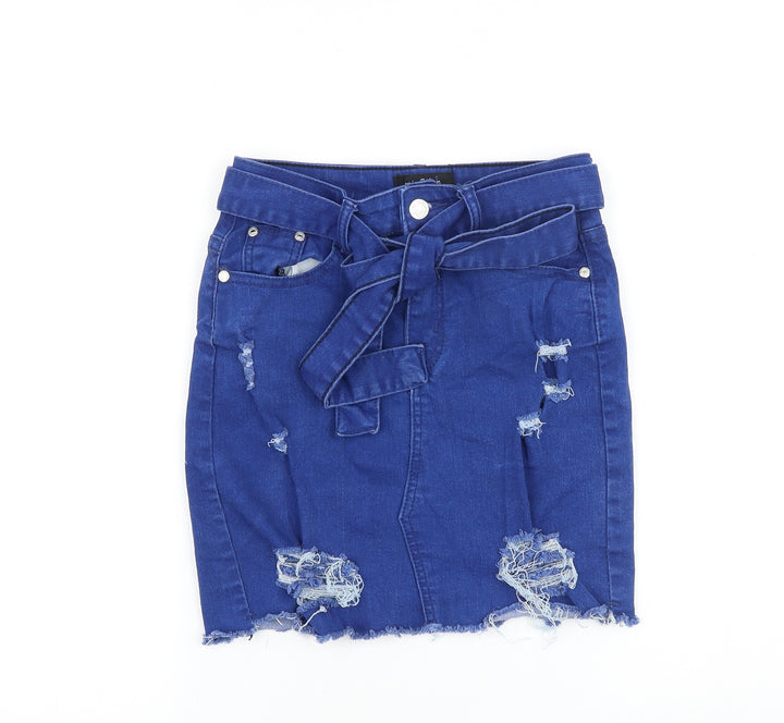 Denim Wise Womens Blue Cotton Straight & Pencil Skirt Size 6 Tie - Distressed Look Belt Included
