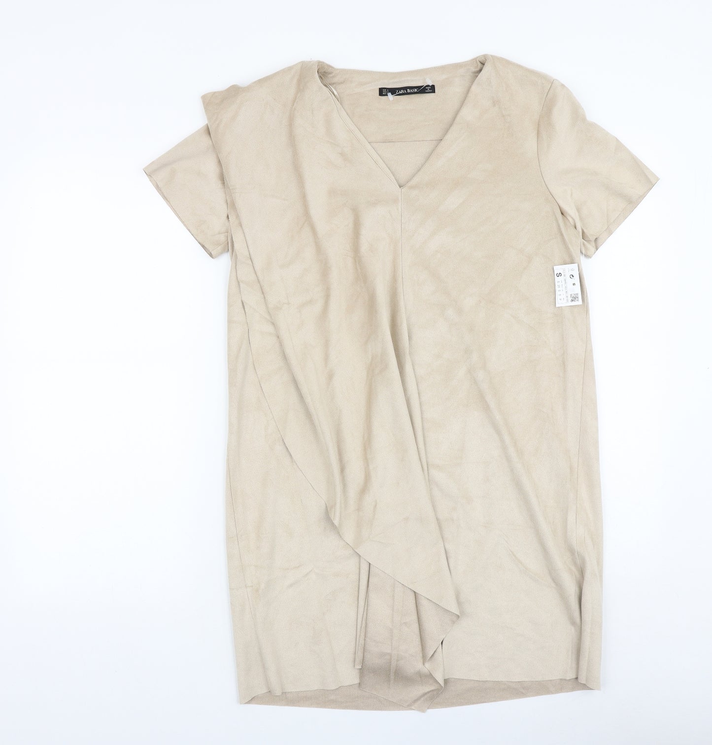 Zara Womens Beige Polyester T-Shirt Dress Size S V-Neck Pullover