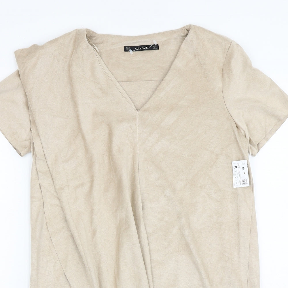 Zara Womens Beige Polyester T-Shirt Dress Size S V-Neck Pullover