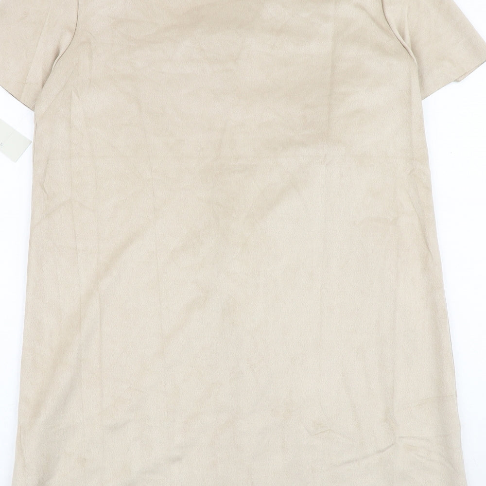 Zara Womens Beige Polyester T-Shirt Dress Size S V-Neck Pullover