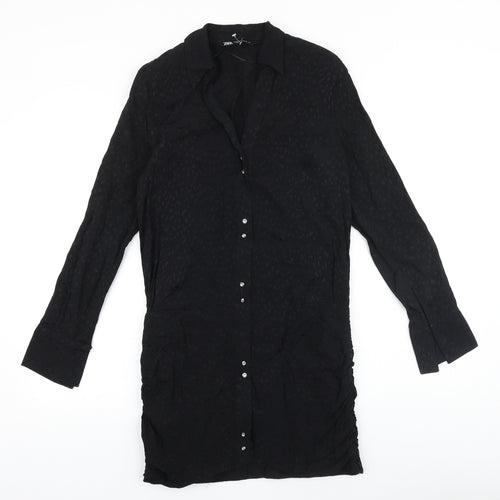Zara Womens Black Geometric Polyester Shirt Dress Size S V-Neck Button