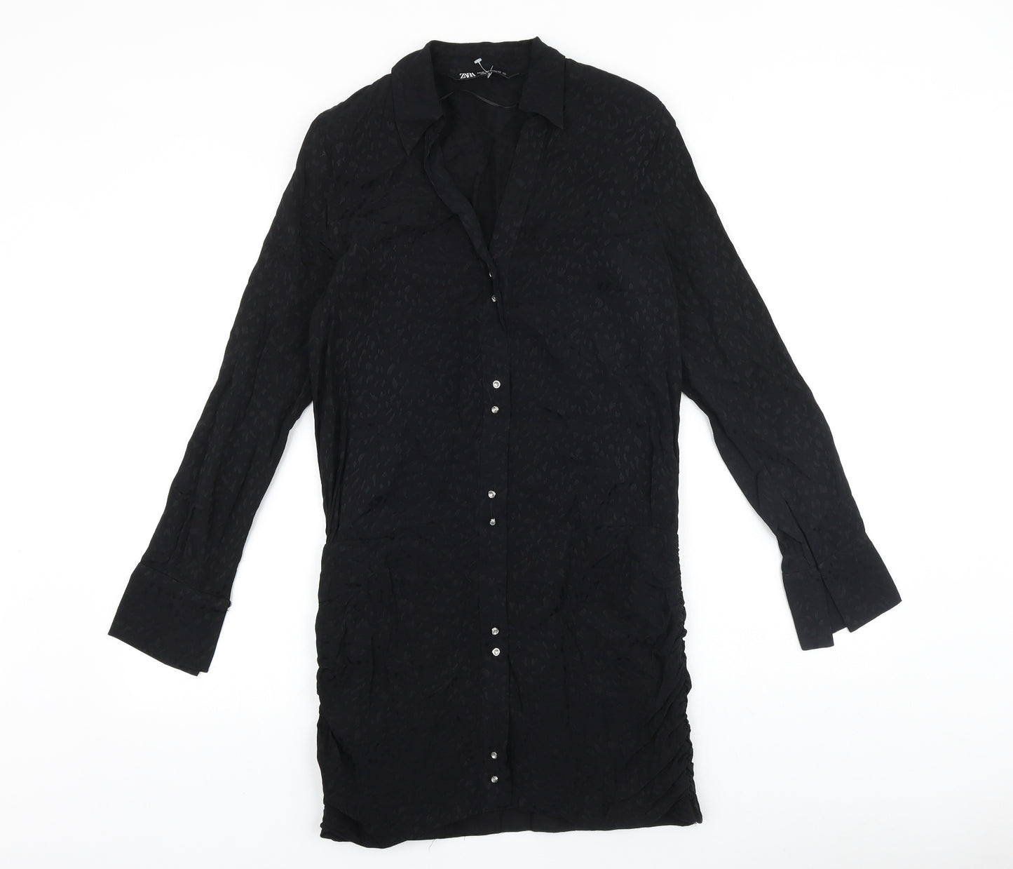 Zara Womens Black Geometric Polyester Shirt Dress Size S V-Neck Button
