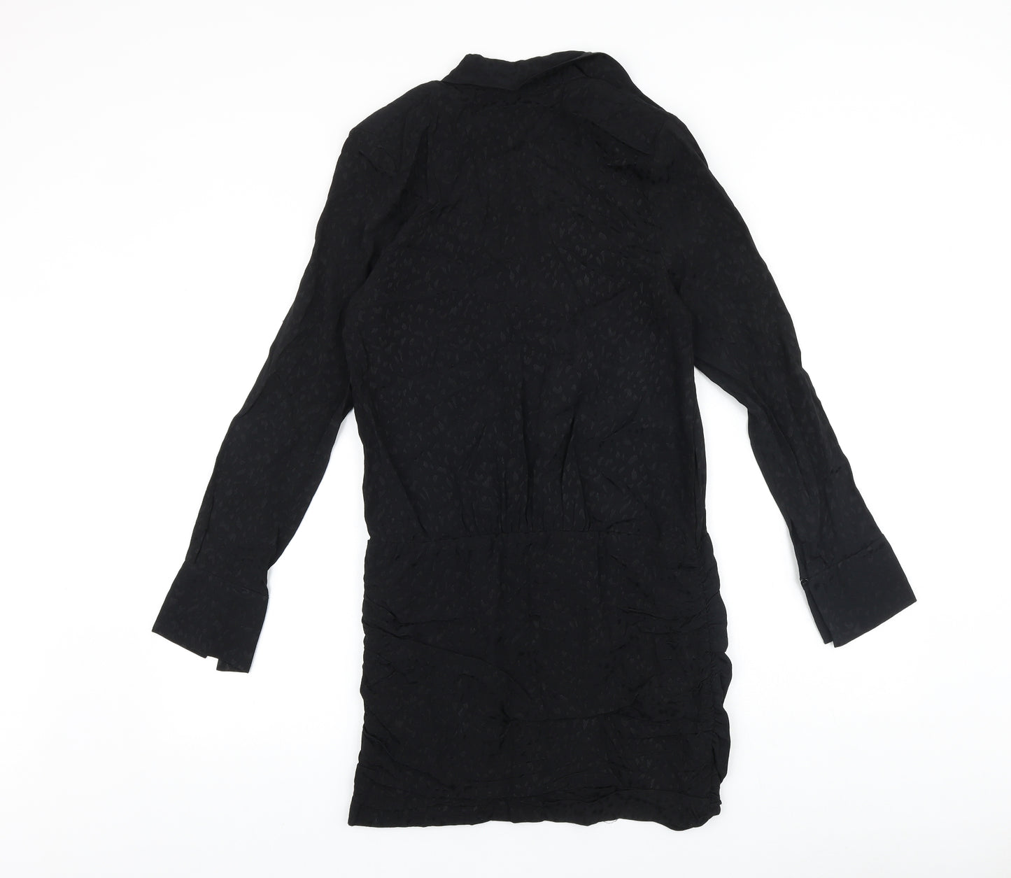 Zara Womens Black Geometric Polyester Shirt Dress Size S V-Neck Button