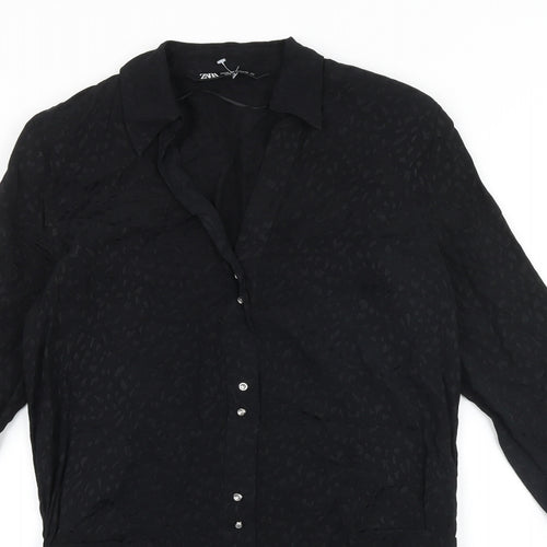 Zara Womens Black Geometric Polyester Shirt Dress Size S V-Neck Button