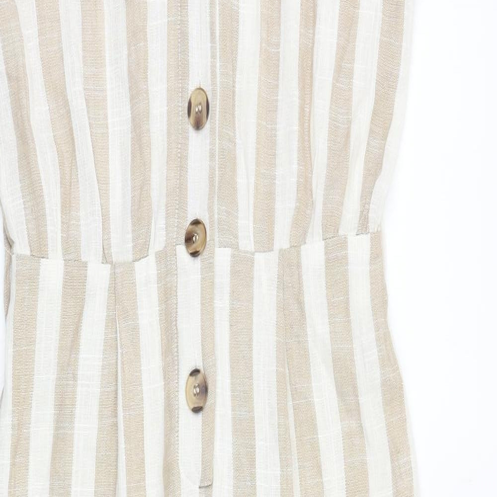 urban romantics Womens Beige Striped Linen Jumpsuit One-Piece Size S L28 in Button
