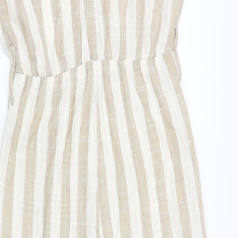 urban romantics Womens Beige Striped Linen Jumpsuit One-Piece Size S L28 in Button