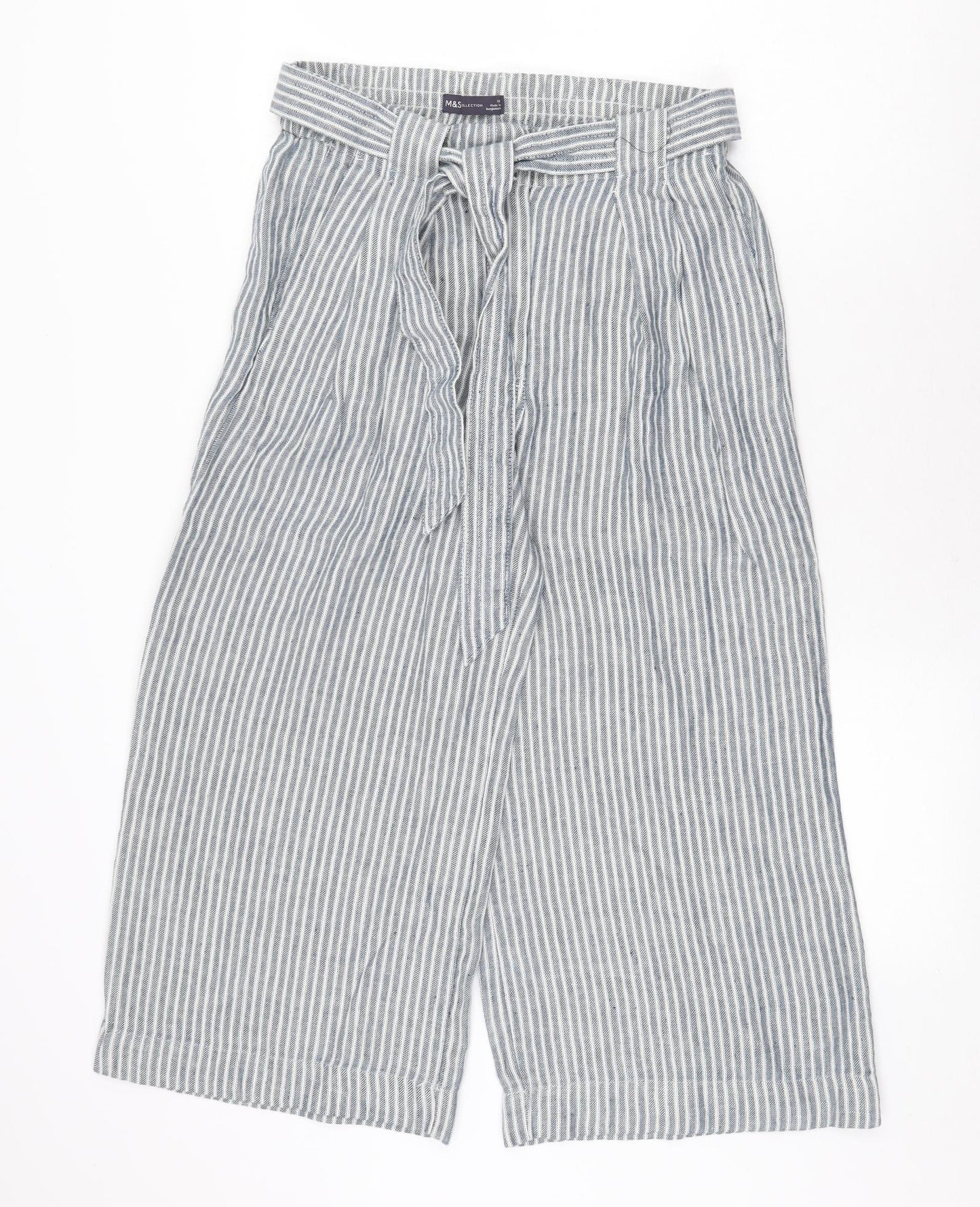 Marks and Spencer Womens Grey Striped Linen Trousers Size 12 Regular Zip