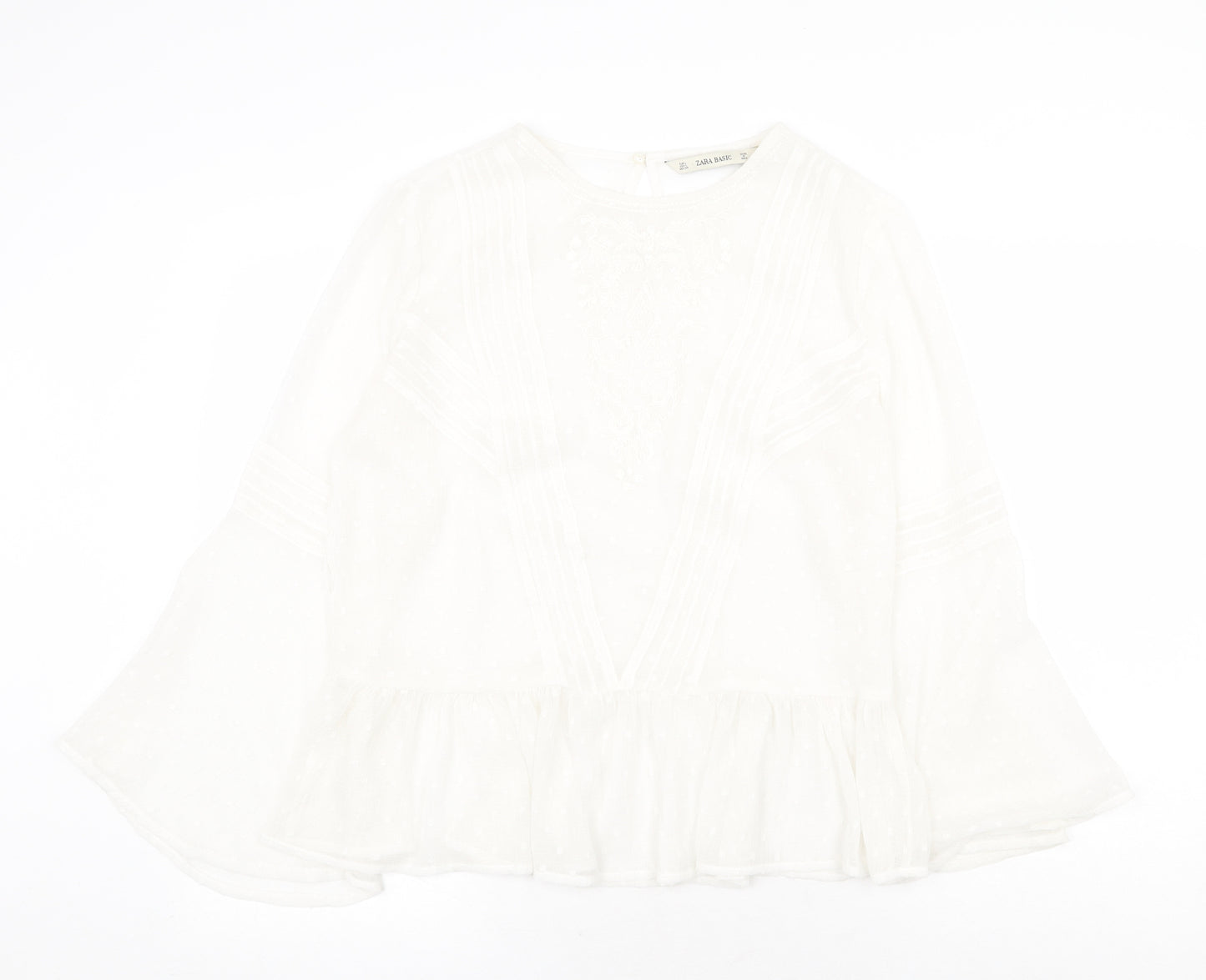 Zara Womens White Polyester Basic Blouse Size L Boat Neck - Flute Sleeve