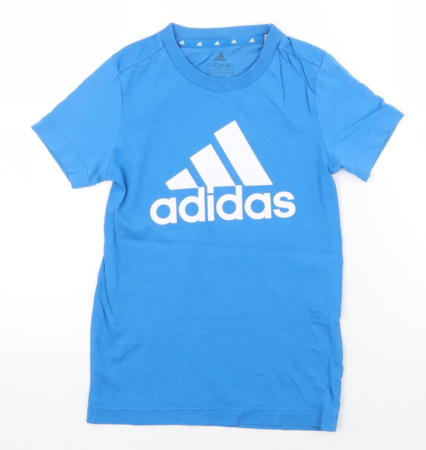 adidas Boys Blue Cotton Basic T-Shirt Size 9-10 Years Round Neck Pullover