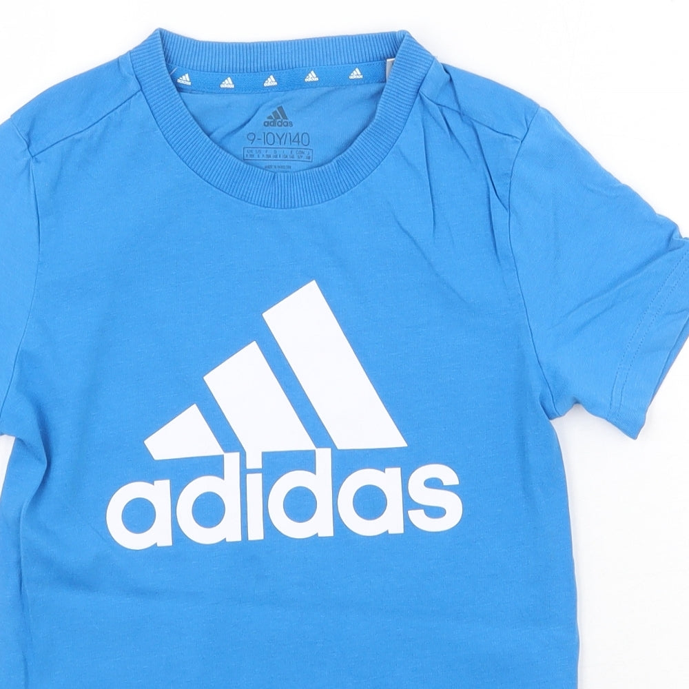 adidas Boys Blue Cotton Basic T-Shirt Size 9-10 Years Round Neck Pullover